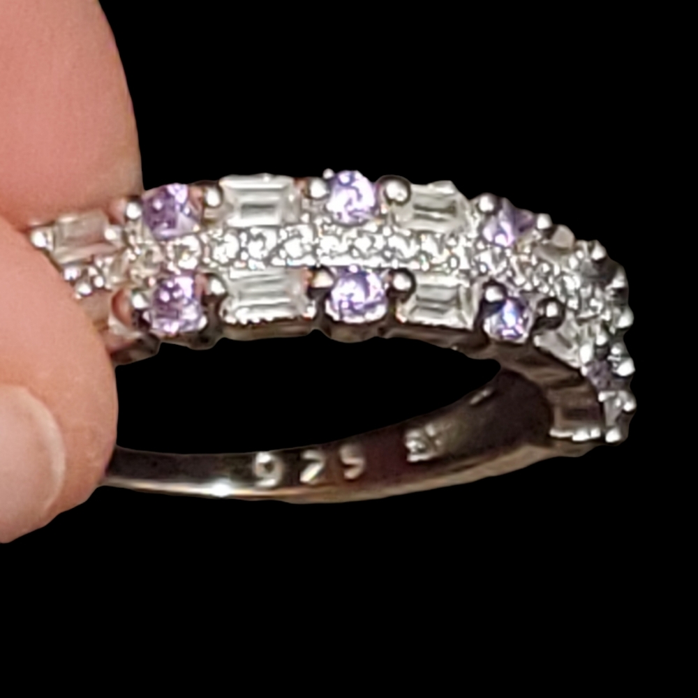 Sterling silver 925 Bling wedding band with purple amethyst and diamonds